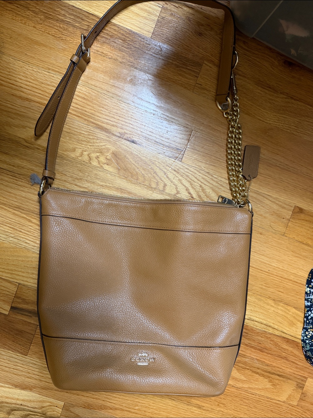 Coach Pebble Leather Crossbody in Saddle Brown with Gold Chain